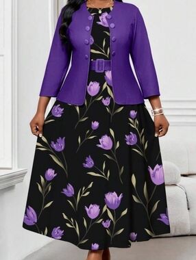 Sleeveless Black Dress with Purple Floral Print. Woman's Sz Large. 3pc. Set.